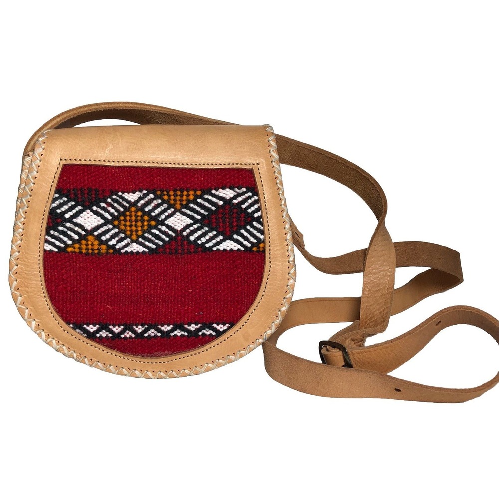 Vintage Boho Leather‎ Crossbody Bag Red Woven Textile Saddle Fair Trade Style